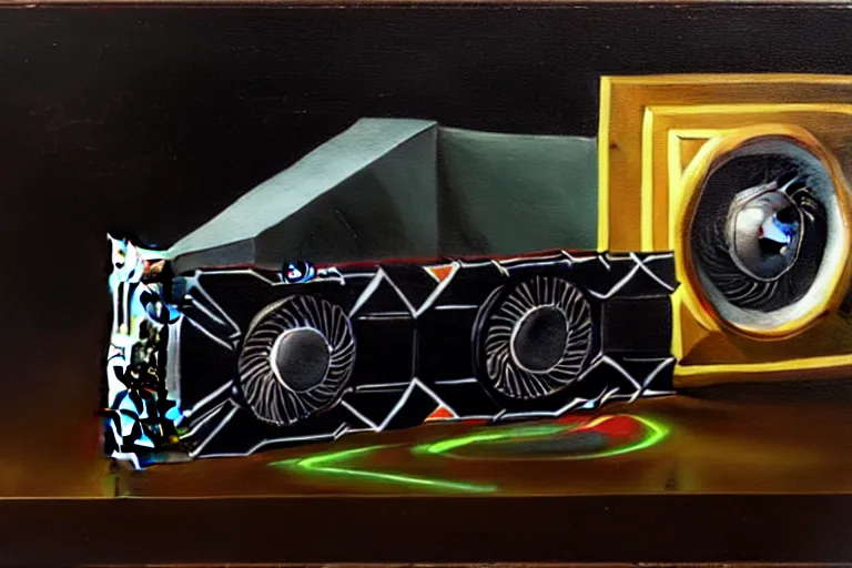 Image similar to a vanitas painting depicting an NVIDIA RTX A100 GPU, graphics card