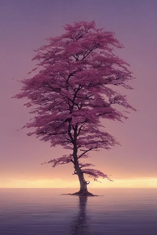 Prompt: a distant sakura tree on a lake, viewed from afar, stephen bliss, misty, unreal engine, fantasy art by greg rutkowski, loish, rhads, ferdinand knab, makoto shinkai and lois van baarle, ilya kuvshinov, rossdraws, tom bagshaw, global illumination, radiant light, minimalist, illustration, detailed and intricate environment