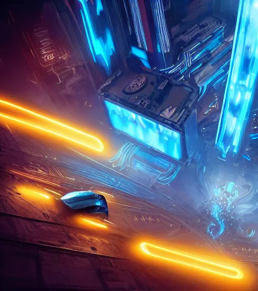 Image similar to tron legacy crowded race to the ancient and majestic tower of babylon destroyed, hyper realistic, ambient lighting, concept art, intricate, hyper detailed, trakovsky greatest scene, smooth, dynamic volumetric lighting, octane, raytrace, cinematic, high quality, high resolution, 4 k, cgsociety, rutkowski, gurney