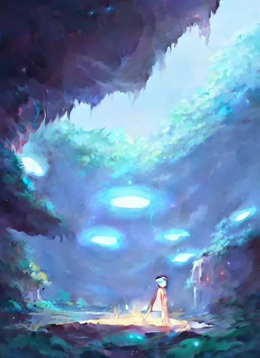 Image similar to a cave where can see a super nice garden, neon circular light round it, illustration concept art anime key visual trending pixiv fanbox by wlop and greg rutkowski and makoto shinkai and studio ghibli