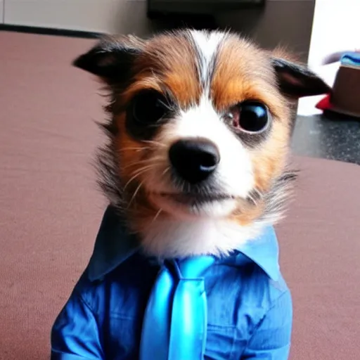 Prompt: Cute little dog impersonating a business person