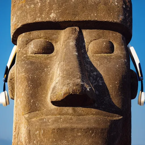 Image similar to a high detail photo of a moai wearing headphones