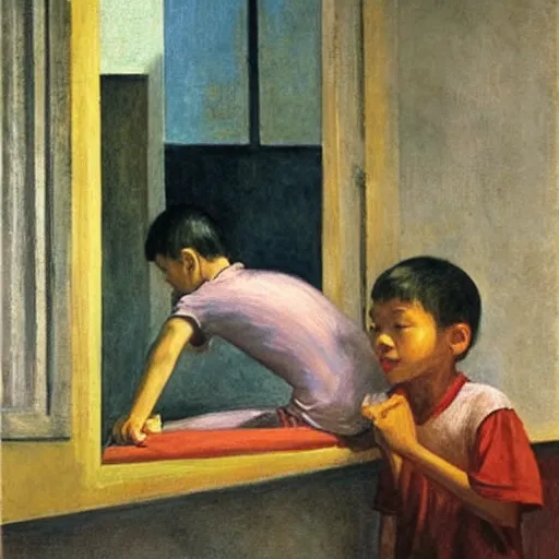 Prompt: a boy playing in a singaporean hdb flat, by edward hopper