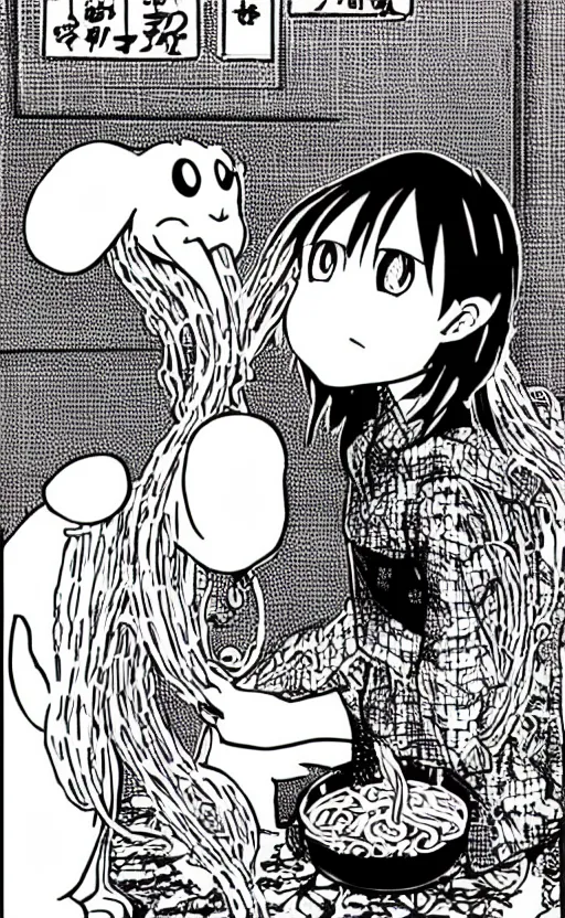 Image similar to A white elephant eats instant noodles, manga style.