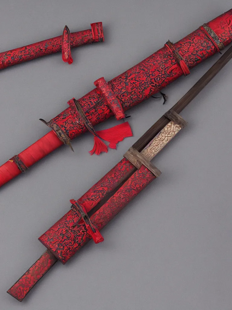 Image similar to a katana with a square tsuba sheathed inside a crimson colored scabbard, hyperdetailed