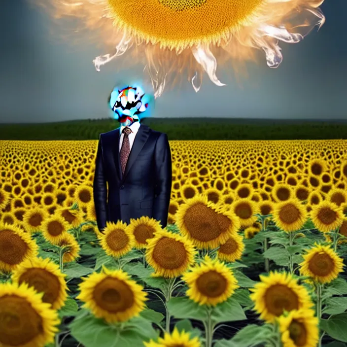 Image similar to photo portrait of Vladimir Putin in sunflower field, dressed in shirt with ornamental ethereal sunflower pattern, natural skin tone, explosion and fire in the background, elegant, Realistic, Refined, Highly Detailed, natural soft pastel lighting colors scheme, fine art photography by Cecil Beaton, volumetric lighting, hyper realistic photography