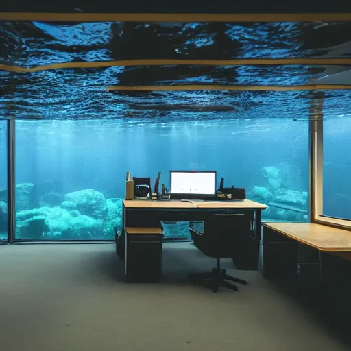 Image similar to photo of someone working at an office desk, underwater, cinematic