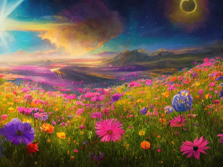 Image similar to a fine painting of a glorious place where the heavens open to the great cosmos, where flowers are launched into the unknown 8 k, ultra realistic, lens flare, atmosphere, glow, detailed, intricate, full of colour, cinematic lighting, trending on artstation, 4 k, hyperrealistic, focused, extreme details, unreal engine 5, cinematic, masterpiece