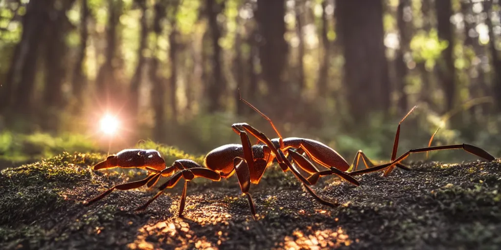 Image similar to a highly detailed giant ant god in the middle of a forest, beautiful ambient light, sun rays hitting the creature, golden hour, 8k photography