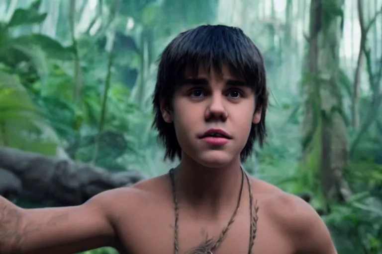 Image similar to justin bieber plays mowgli in the live action adaptation of the jungle book, red weapon 8 k s 3 5, cooke anamorphic / i lenses, highly detailed, cinematic lighting