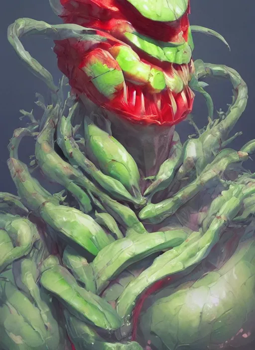 Image similar to semi reallistic gouache gesture painting, by yoshitaka amano, by ruan jia, by Conrad roset, by dofus online artists, detailed anime 3d render alien watermelon monster, watermelon alien terrible monster, antrophomorfic watermelon, portrait, cgsociety, artstation, rococo mechanical, Digital reality, sf5 ink style, dieselpunk atmosphere, gesture drawn