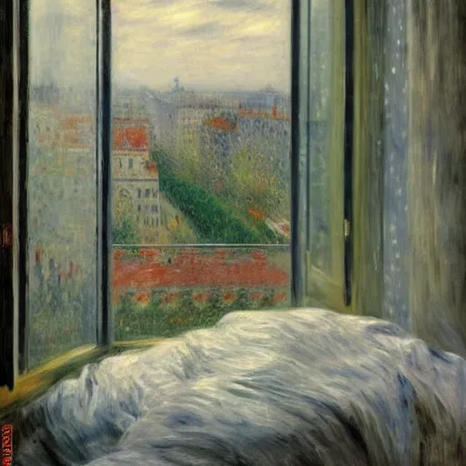 Image similar to on a rainy day, someone in home sits in bed, curled up under the covers, watching the rain outside the window, cinematic, artstation, extremely detailed, intricate, cinematic lighting, art by pierre - auguste renoir, gustave caillebotte