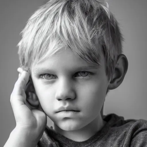 Image similar to portrait of a boy with his hand on his face, extremely realistic and real, photorealistic, blonde hair and blue eyes, detailed facial structure, real eyes that are detailed, real hands