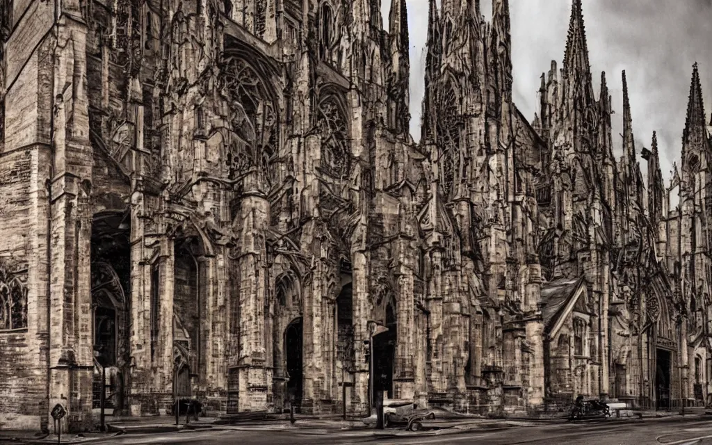 Prompt: street view of a cathedral made of flesh and bones, realistic, old color photograph, dynamic composition, creepy