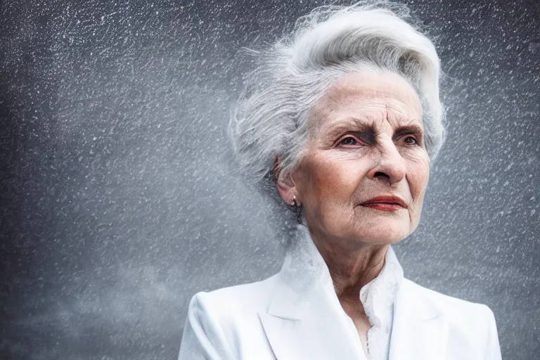 Image similar to a realistic cinematic headshot portrait of an old beautiful woman on top of skyscaper, wearing futuristic white suit, ceo, 4 k, ultra realistic, dramatic lighting, rain, clouds, fog, vogue, fashion, magazine spread, by annie leibovitz