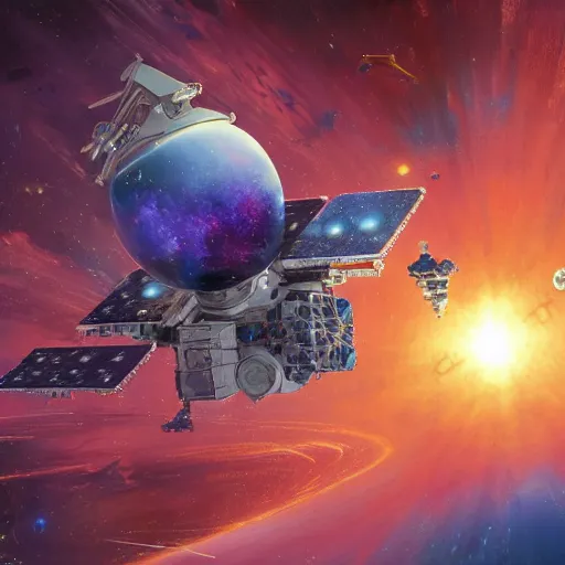 Prompt: an artist's rendering of a brown coconut satellite in space, orchids flowers galaxy, a digital rendering by carl eugen keel, john berkey, featured on cg society, space art, redshift, cinematic, octane render, back light, anamorphic lens flare, colorful, epic reimagined by industrial light and magic