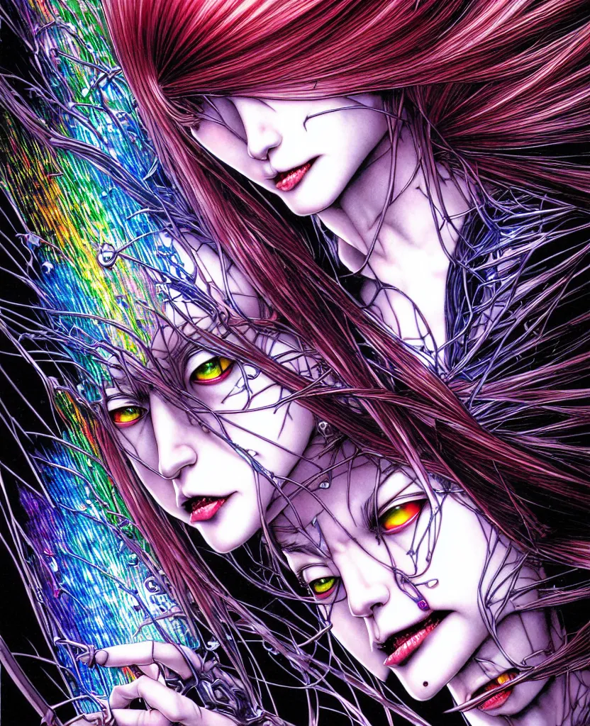 Image similar to realistic detailed image of ultra wrathful rainbow diamond nightmare scientist mega american psycho depth perception depth of field action horror masterpiece neo - gothic gothic rich deep colors art by yoshitaka amano by yukito kishiro by yoshiyuki sadamoto by artgerm by hajime sorayama