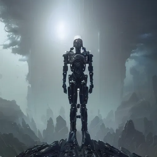 Image similar to highly detailed subjective futuristic painting outlining the process where the ai enhanced arbiter of fate beckons his disciples to kneel to the coming onslaught of universal decay by greg rutkowski, by james paick, by hernando gaswater, 4 k resolution, octane render, dark moody muted color scheme, robotic wire infested hellscape