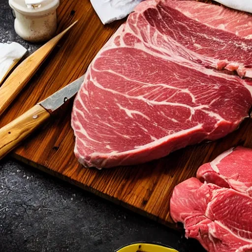 Prompt: low angle view closeup of a butcher preparing meats