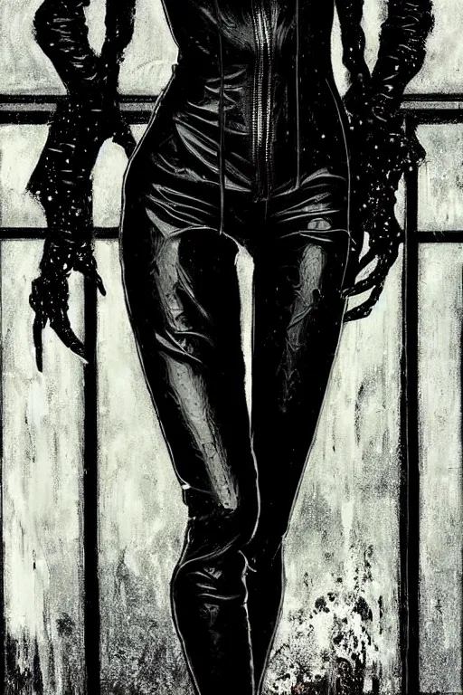 Image similar to dreamy gothic girl, wet black leather slim suit, beautiful woman body, detailed acrylic, grunge, intricate complexity, by dan mumford and by alberto giacometti, peter lindbergh