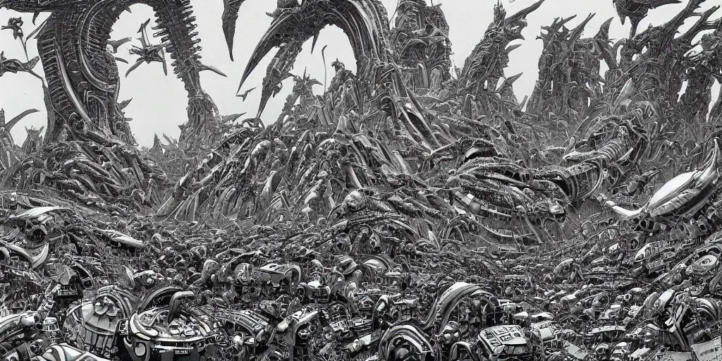 Prompt: wide angle photo view the surface of a alien green planet with many giant bird creatures flying, warrior mecha driod on the surface, cyberpunk art by Moebius, HR giger, mc escher, retrofuturism, matte painting