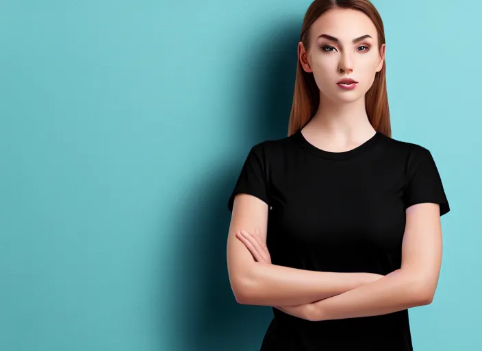 Prompt: clear photorealistic mockup product photograph of a blank black tshirt on an attractive female model in front of a living room background