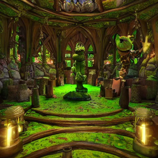 Image similar to inside of a shrek worshipping sanctuary, ornate, beautiful, green, get outta me swamp, shrek statues, shrek is love shrek is life, extremely detailed, octane render, shrek worship, ray traced, post processing, octane render