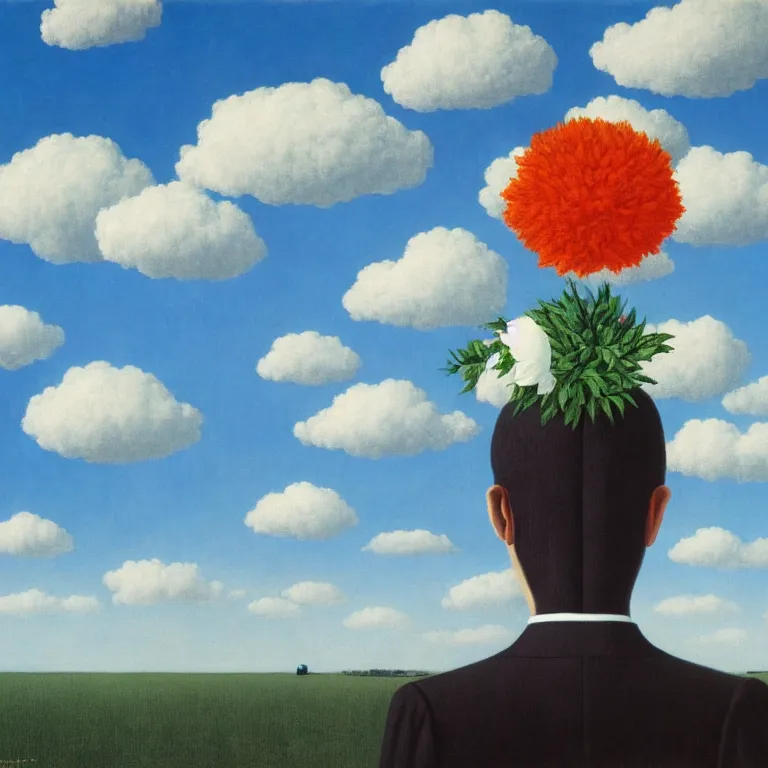 Image similar to portrait of a faceless beautiful flower - head man in a suit, clouds in the background, by rene magritte, detailed painting, distance, middle centered, hd, hq, high resolution, high detail, 4 k, 8 k