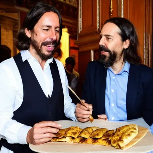 Prompt: pablo iglesias and santiago abascal sharing a kebab in the houses of parliament