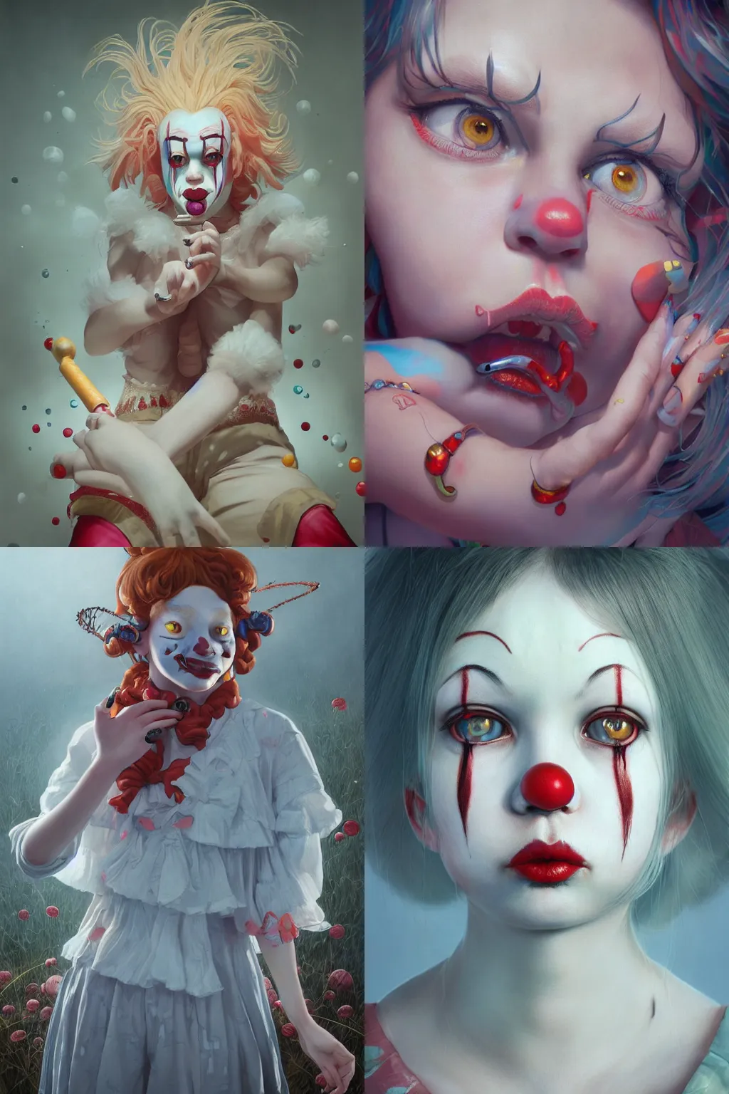 Image similar to breathtaking detailed painting of clown girl , with anxious, piercing eyes, Atari game cover art by Hsiao-Ron Cheng, James jean, Miho Hirano, Hayao Miyazaki, extremely moody lighting, hyperrealistic, octane render, RPG portrait, ambient light, dynamic lighting