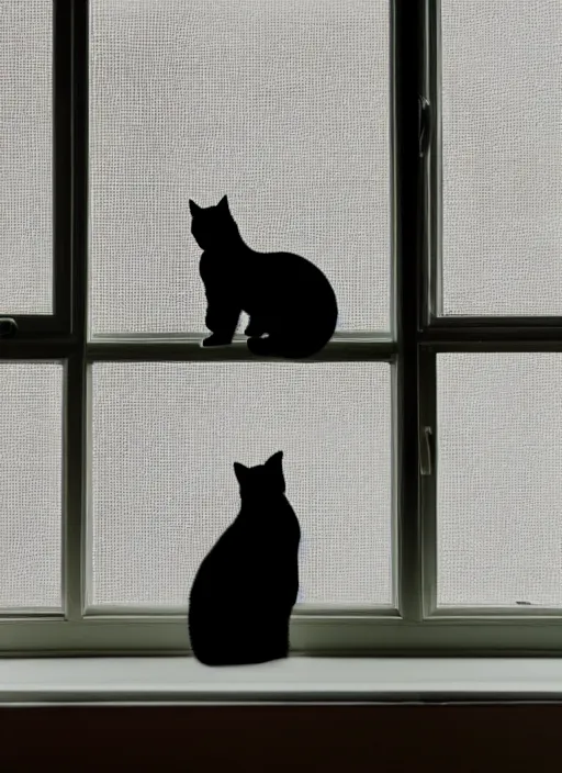 Prompt: a cat silhouette behind a transparent window sill curtain
