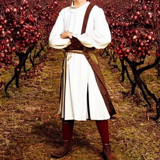Image similar to portrait of a slender elven man, standing in an apple orchard, dressed in medieval clothes, very handsome, dungeons and dragons