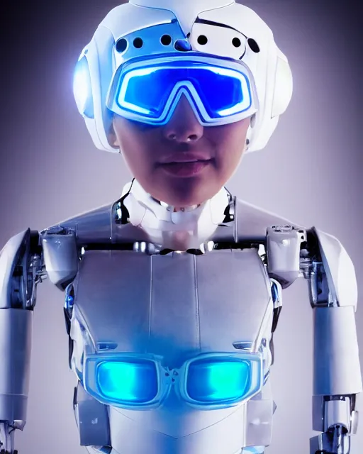 Prompt: centered portrait photo of young lorena herrera as a solarpunk mecha humanoid robotic parts wearing goggles with bright lights, real human face, pudica pose, inside white room, ultra - realistic and detailed, 8 k