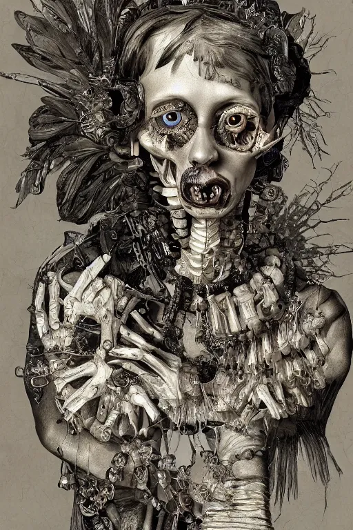 Image similar to Detailed maximalist portrait with large lips and with large eyes, sad expression, skeletal, HD mixed media, 3D collage, highly detailed and intricate, surrea, illustration in the style of Caravaggio, dark art, baroque