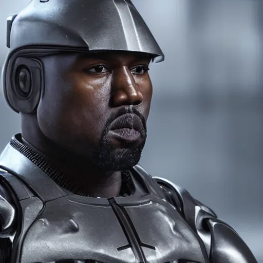 Image similar to kanye west as ( ( robocop ) ) in gears of war, kanye west face, splash art, movie still, cinematic lighting, detailed face, dramatic, octane render, long lens, shallow depth of field, bokeh, anamorphic lens flare, 8 k, hyper detailed, 3 5 mm film grain