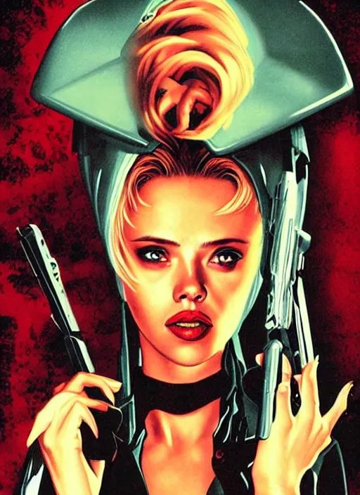 Image similar to scarlett johannson as the final girl, slasher, horror, high details, intricate details, by vincent di fate, artgerm julie bell beeple, 1 9 8 0 s, inking, vintage 8 0 s print, screen print