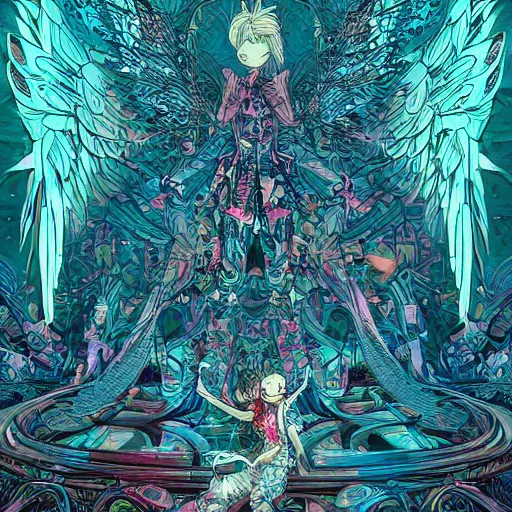 Image similar to angel versus devil, an ultrafine detailed illustration by james jean, final fantasy, intricate linework, bright colors, behance contest winner, vanitas, angular, altermodern, unreal engine 5 highly rendered, global illumination, radiant light, detailed and intricate environment