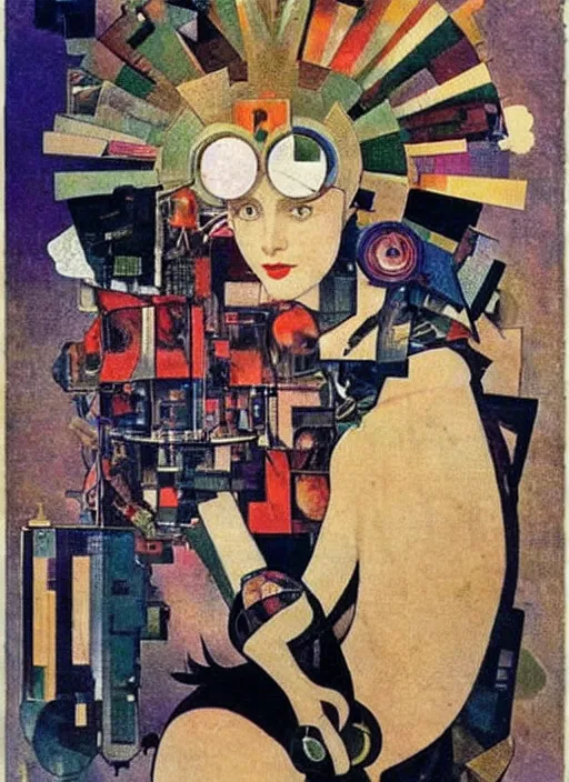 Image similar to cute punk goth fashion fractal tattoed mecha blonde girl wearing a television tube helmet and kimono made of circuits and leds, surreal Dada collage by Man Ray Kurt Schwitters Hannah Höch Alphonse Mucha Beeple