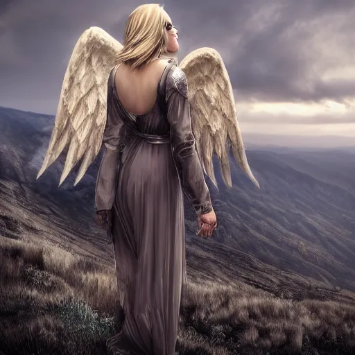 Image similar to very pretty blond female angel with large wings landing on a mountain top, shallow depth of field, moody lighting, 8 k, concept art, wide angle,