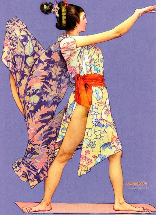 Prompt: an art nouveau copic maker illustration of a girl doing yoga wearing a kimono by norman rockwell and john berkey and stanley lau,