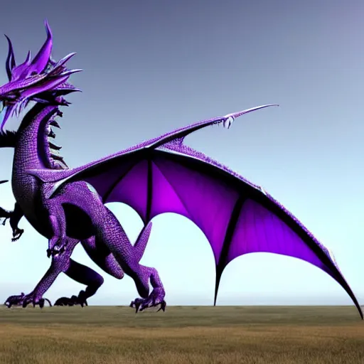 Prompt: a 128 foot tall silver western dragon with purple accents, having a 360 foot long wingspan; The scales smooth and streamlined, while jutting out at the elbows and crest and spine; with a head of streamlined elegance; with two wings; with long elegant tail; with 4 limbs and 4 claws on each foot; deviantart, furaffinity, high quality