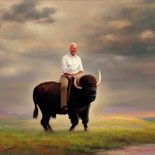 Image similar to Joe Biden riding a buffalo, painting by Jon McNaughton