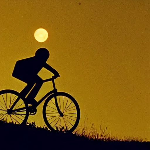 Prompt: a silhouette of a boy making a big jump with bike with basket in front of it, flying, big shiny moon on the background at night, a still of e. t. the extra - terrestrial ( 1 9 8 2 )