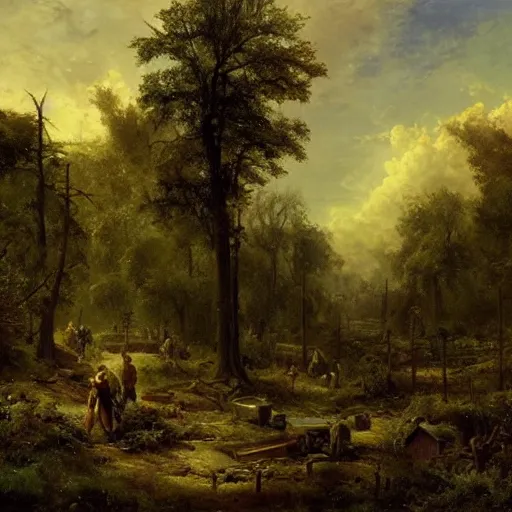 Image similar to post apocalyptic frankfurt, overgrown, landscape, romanticism by andreas achenbach