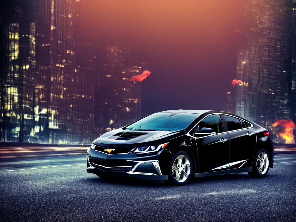 Image similar to black chevy volt close up with a city street background, smoke, fi, chrome, shiny, reflective, metallic, 3 d, render, realistic, hdr, dramatic lighting, flame colors bright