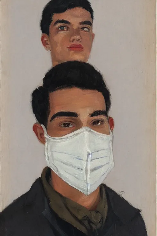 Image similar to portrait of young man wearing black medical mask, style of coby whitmore