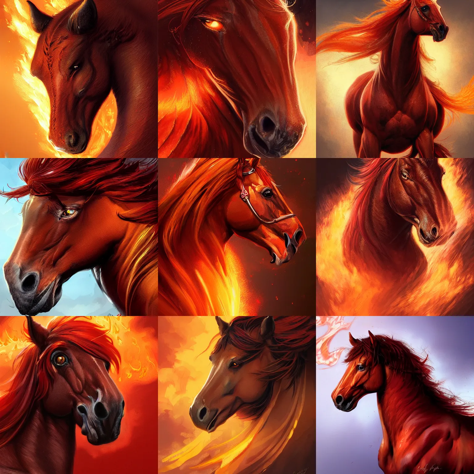 Prompt: horse close - up, reddish - brown, fire and flames mane, sparkles, highly detailed, digital painting, artstation, concept art, sharp focus, illustration, frazetta, aleksi briclot, rutkowski