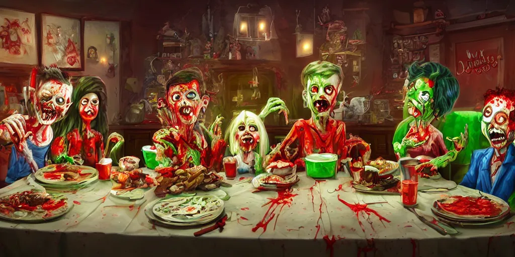 Prompt: a zombie family christmas diner, vivid colors, wide angle, super highly detailed, professional digital painting, artstation, concept art, smooth, sharp focus, no blur, no dof, extreme illustration, unreal engine 5, photorealism, hd quality, 8 k resolution, cinema 4 d, 3 d, beautiful, cinematic, art by tim burton