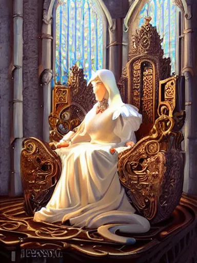 Prompt: the high priestess sitting in her throne. yin and yang inside an castle. intricate, elegant, highly detailed, digital painting, artstation, concept art, sharp focus, illustration, by justin gerard and artgerm, 8 k