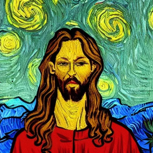 Image similar to jesus spreads his hands against the background of growing cannabis. an oil painting in the style of van gogh